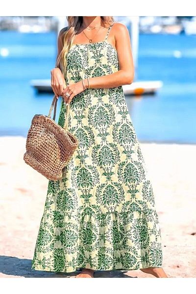 Viyamo New Season Women's Rope Strap Patterned Ruffle Single Jersey Dress