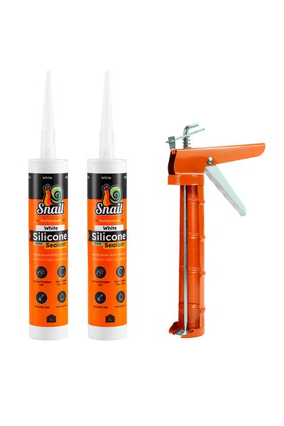 Lawazim Caulking Tool Set - Orange with 2x White Silicone 280ml Sealant for Bathroom Kitchen Windows