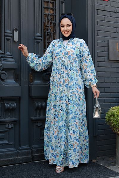 N.S NEVA STYLE Floral Patterned Blue Hijab Dress 19034m