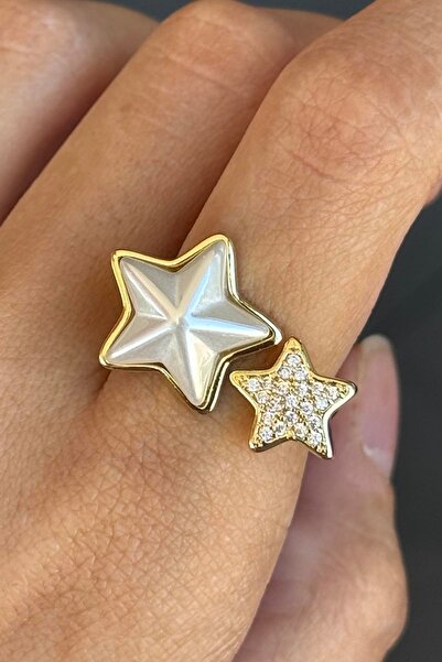 TAKIŞTIR Gold Color Star Figured Pearl and Stone Detailed Adjustable Ring