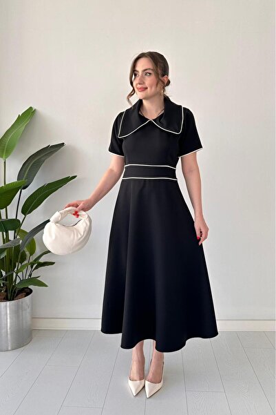 MaziButik Double Dress with Big Collar Black