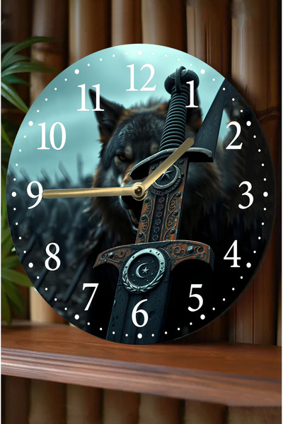 kutuTR 🕰️   White Wolf and Sword Themed Double Layer Mdf Wall Clock – 33 cm |   2D Hd Printing with 3D Look Sdw363