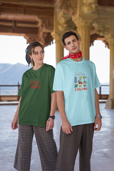 Butik Σετ 2 τεμαχίων Oversize Unisex Μπλουζάκια σε μπλε χρώμα Itallana, πράσι...