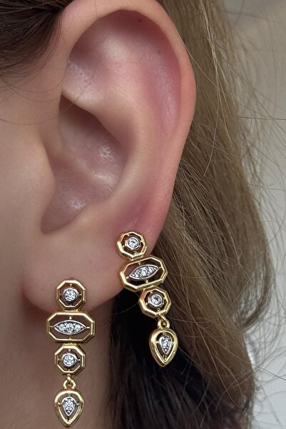 TAKIŞTIR أقراط YSX مرصعة بالأحجار باللون الذهبي (زوج)