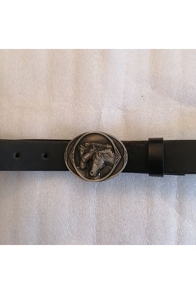 Butik Tülin Unisex Authentic Faux Leather Black Metallic Gray Three Horse Head Small Cowboy Buckle Belt