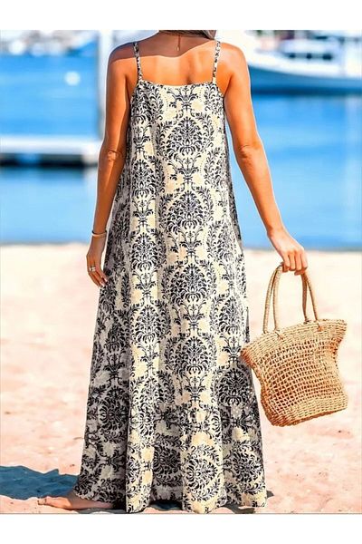 Viyamo New Season Women's Rope Strap Patterned Ruffle Single Jersey Dress