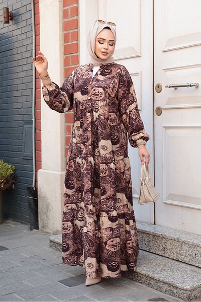 N.S NEVA STYLE Patterned Brown Hijab Dress 19037Kh