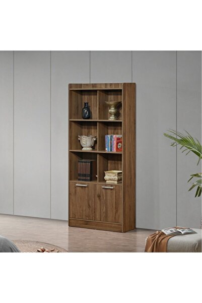 Danube Home خزانة كتب فاخرة ببابين وأرفف مفتوحة - خزانة تخزين من خشب الجوز الفاتح الهندسي