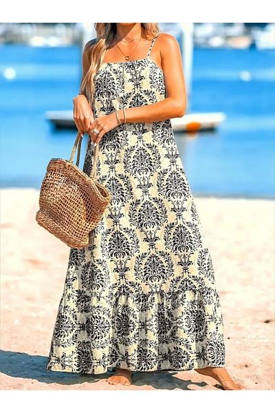 Modayakamoz New Season Women's Rope Strap Patterned Ruffle Single Jersey Dress