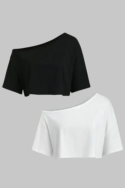 Tarz Cool Women's Black - White 2 Pack Boat Neck Oversize Crop T-Shirt
