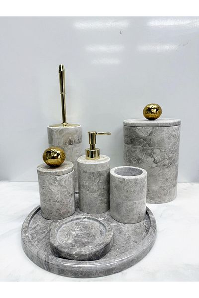 Modestmar Gray Marble Round Bathroom Set Set 7 Piece Disco Ball Gold