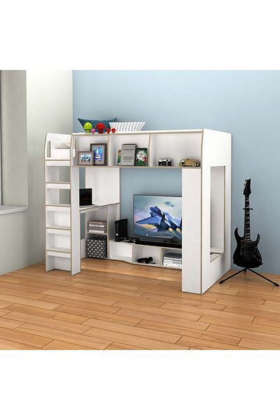Danube Home Kinder 90x190 Loft Bunk Bed with Study Desk & Storage - White & Sonoma Oak L195.4xW113xH170cm