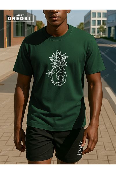 EFFRENATU Orki Summer Pineapple Men's Summer Shorts Set – Tropical Printed Jungle Green T-Shirt & Black Shorts