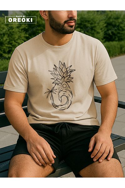 EFFRENATU Orki Summer Pineapple Men's Summer Shorts Set – Tropical Printed Beige T-Shirt & Black Shorts