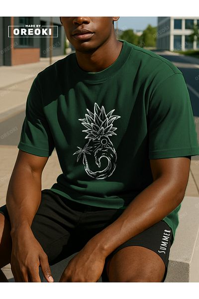 EFFRENATU Orki Summer Pineapple Men's Summer Shorts Set – Tropical Printed Jungle Green T-Shirt & Black Shorts