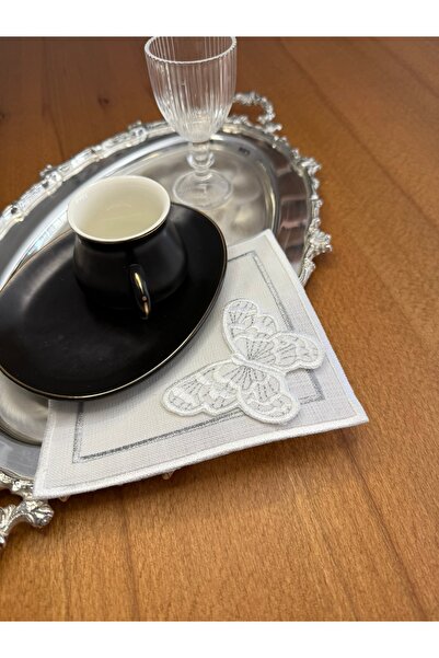 Smiling Home 6 Pieces Ecru Color Linen Double Row Embroidered Inner Wrap Silver Mobile Butterfly Cocktail Presentation Napkin