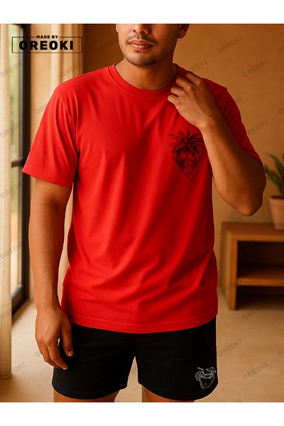 EFFRENATU Orki Tropical Diamond Men's Summer Shorts Set – Palm Printed Red T-Shirt & Black Shorts
