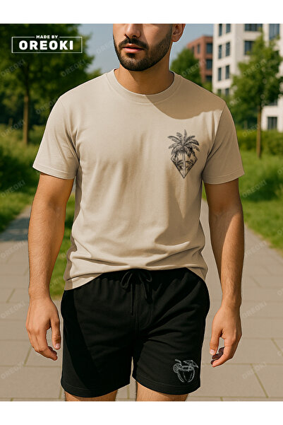 EFFRENATU Orki Tropical Diamond Men's Summer Shorts Set – Palm Printed Beige T-Shirt & Black Shorts