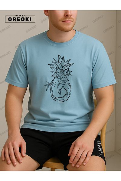 EFFRENATU Orki Summer Pineapple Men's Summer Shorts Set – Tropical Printed Light Blue T-Shirt & Black Shorts