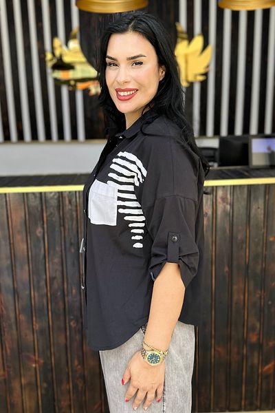 GÖKSEL Black and White Patterned Shirt Plus Size