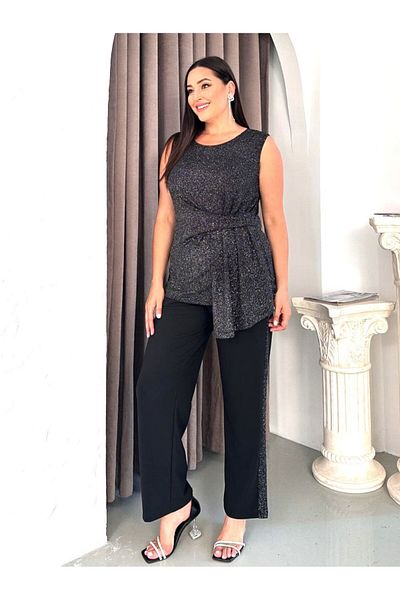 Şirin Butik Bluză cu sclipici fără mâneci pentru femei de mărime mare și set din două piese cu detaliu de dungi cu sclipici