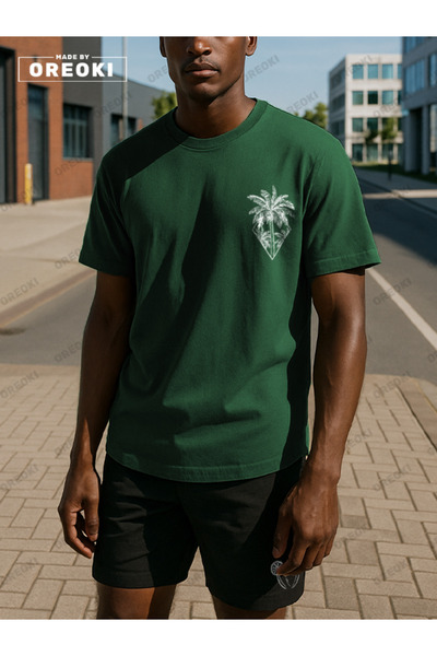 EFFRENATU Orki Tropical Diamond Men's Summer Shorts Set – Palm Printed Jungle Green T-Shirt & Black Shorts