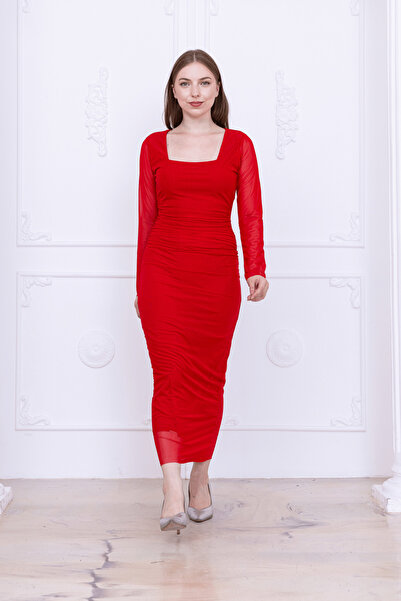 BEYBOS Tül Kumaş Büzgü Detaylı Kalem Elbise - KIRMIZI