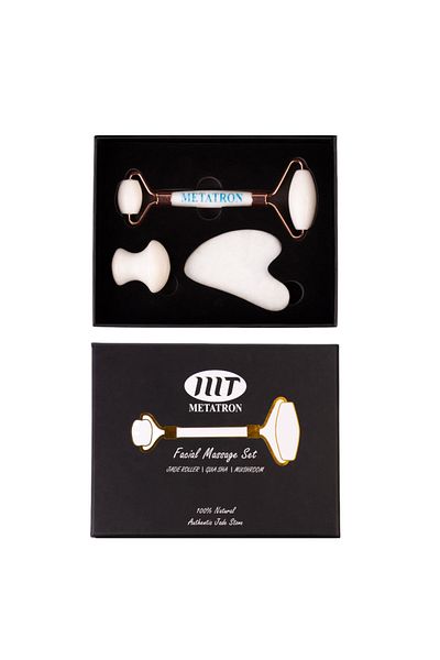 METATRON mT Set 3 piese din jad alb: rolă dublă, Gua Sha și piatră în formă de ciupercă, pentru masaj facial