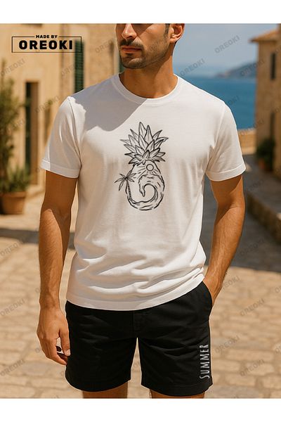 EFFRENATU Orki Summer Pineapple Men's Summer Shorts Set – Tropical Printed White T-Shirt & Black Shorts