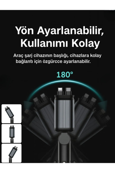 Laraheiser Hızlı Şarjlı Makara Kablolu Araç Şarj Cihazı – 4in1 Yıldız Işıklı Çift USB'li Çakmaklık Şarj Aleti
