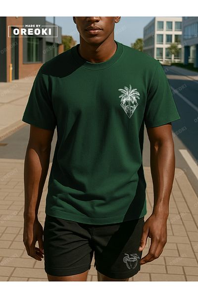 EFFRENATU Orki Tropical Diamond Men's Summer Shorts Set – Palm Printed Jungle Green T-Shirt & Black Shorts