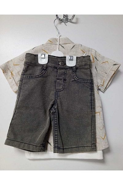 lessotto Patterned T-Shirt and Patterned Shirt Jeans Shorts Set