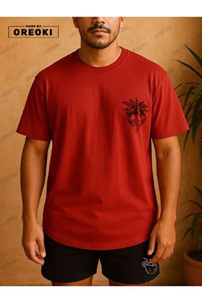 EFFRENATU Orki Tropical Diamond Men's Summer Shorts Set – Palm Printed Red T-Shirt & Black Shorts