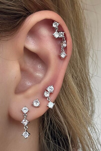 TAKIŞTIR Silver Color Stone Detailed 6-Piece Earring Set