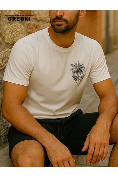 EFFRENATU Orki Tropical Diamond Men's Summer Shorts Set – Palm Printed White T-Shirt & Black Shorts