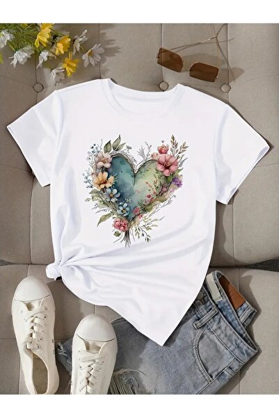 VOICTEC Γυναικείο μπλουζάκι Oversize Flower Heart με στάμπα Crew Neck