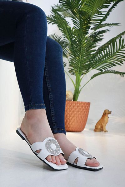 Moda Anna Papuci de vară pentru femei Broșă cu fund plat și piatră de silicon NW White