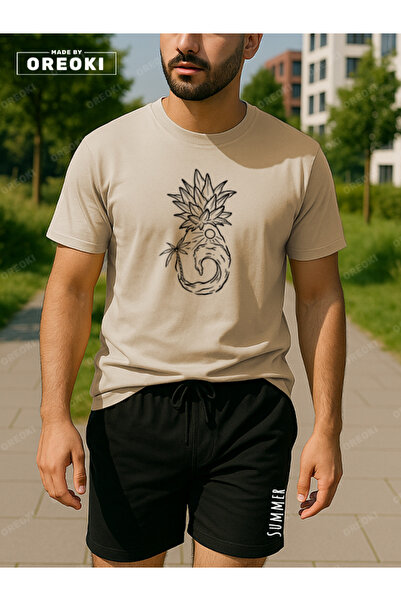 EFFRENATU Orki Summer Pineapple Men's Summer Shorts Set – Tropical Printed Beige T-Shirt & Black Shorts