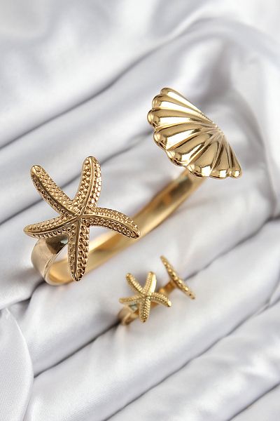 Clariss Brass Oyster and Starfish Model Gold Color Bracelet Ring Set
