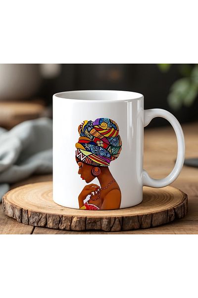 BB TRADE White Ceramic Printed Mug with Afro Woman Design 330ml