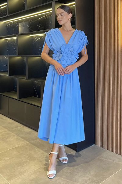GÜLSELİ Light Blue Daisy Appliqued Double Breasted Dress