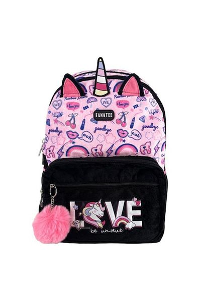TRINAR Rucsac Unicorn, Pufos Negru-Roz, 4 Buzunare, Bretele Reglabile, 32x14x44 cm