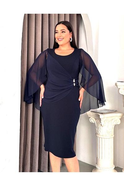 Şirin Butik Rochie de seară de damă, albastru bleumarin, mărime mare, decolteu, șifon, cu broșă, lungime midi