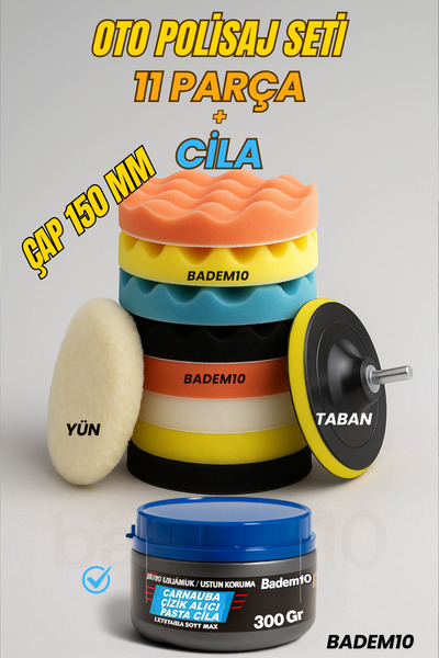 Badem10 Pasta Cila Polisaj Süngeri Seti + 300 Gr Cila 150 mm Matkap Uyumlu Ot...