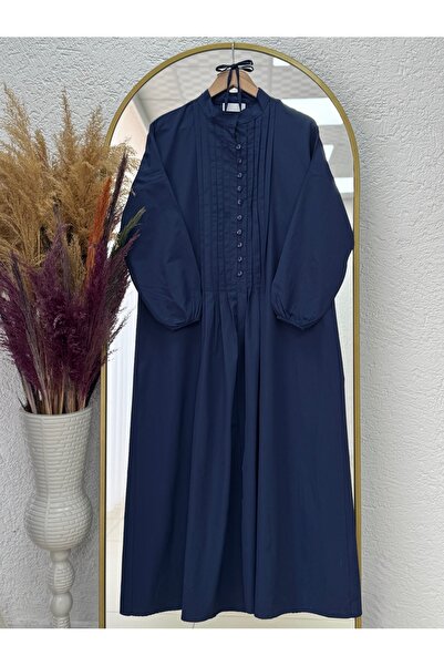 BENAHOLL Maruna Poplin Pileli Düğmeli Elbise-NA2404 Lacivert