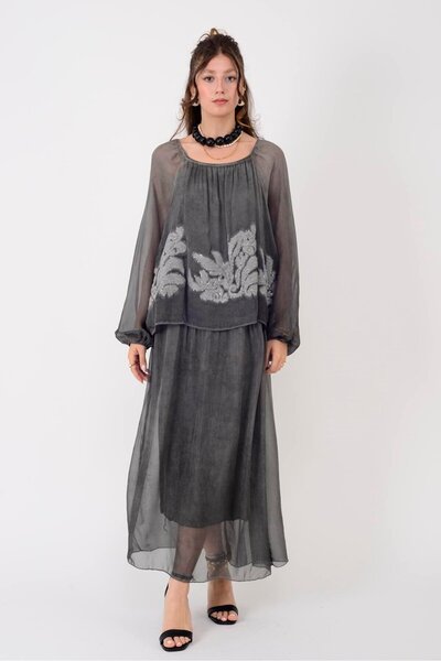NAVAJO Italian Silk Relief Sequence Madonna Collar Dress Anthracite