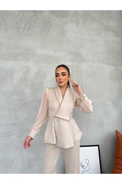 369 etnik butik Pearl Detailed Chiffon Sleeve Satin Look Suit – Black & Ecru Color Options
