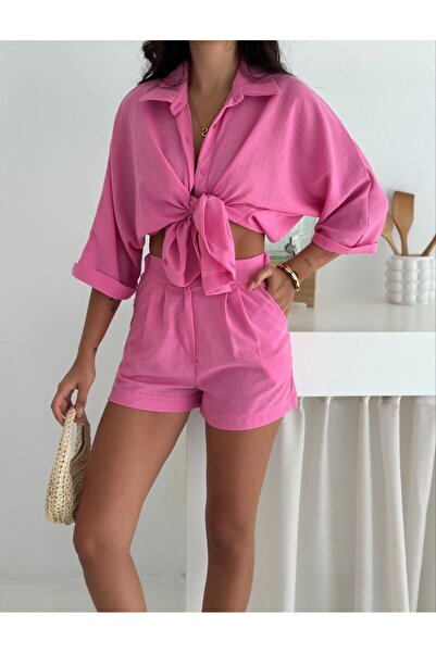 MSN Linen Fabric Oversize Shirt & Shorts Two-Piece Set-Pink-Ww4168
