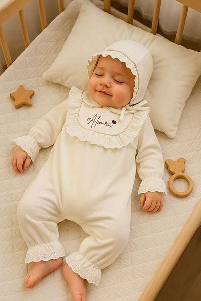 Minytrendy Baby Girl Name Embroidered Newborn Jumpsuit Gold Glittery Scalloped Hospital Release Mevlüt Set Baby