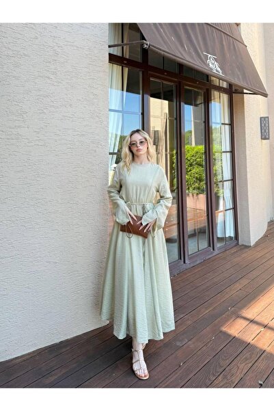 Miraydın Butik Kadın Parçalı Belden Bağlamalı Elbise M9988 - Küf Yeşili